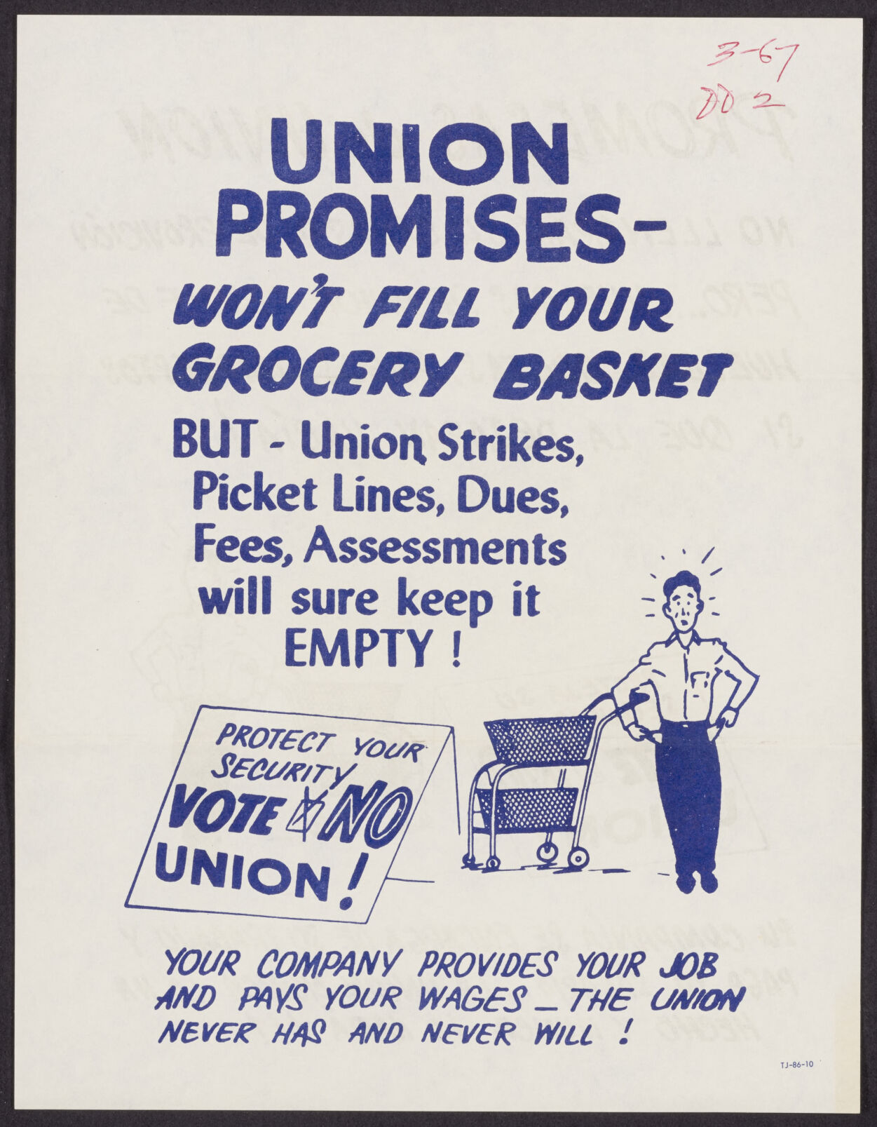 Archived historical poster explaining that lofty union promises won't fill your grocery basket!
